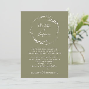 Minimale staubige Oliven-Blumenkranz-Schrift-Hochz Einladung