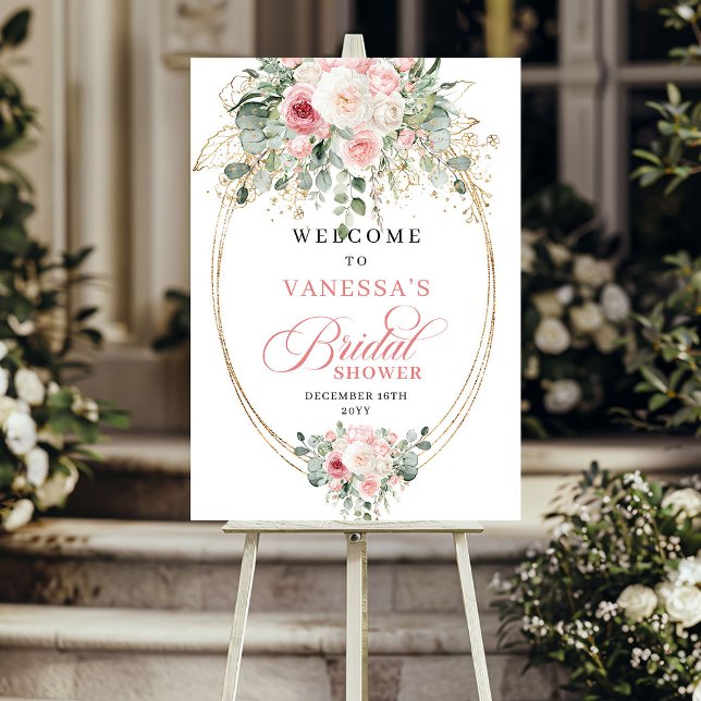 Minimale staubrosa Blumen Grüne Hochzeitsdusche  Poster (Minimal Dusty Pink Flowers Greenery Bridal Shower Welcome)