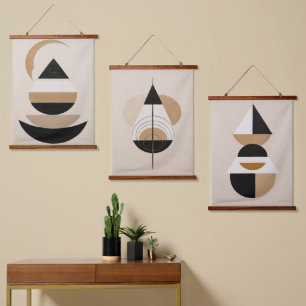 Minimale symbolische geometrische Kunst in warmen Wandteppich Mit Holzrahmen