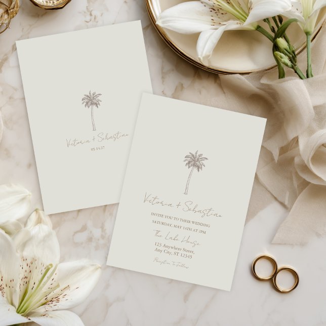 Minimale Taupe-Palmenstrand-Hochzeitseinladung Einladung (Von Creator hochgeladen)