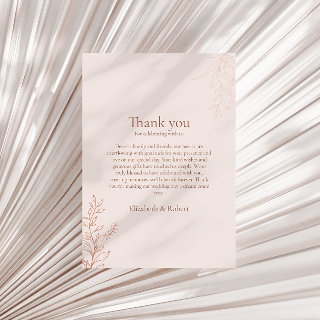 Minimale Terrakotta-Botanik-Dankeskarten Dankeskarte (Minimal Terracotta Botanical Thank You Card on a sunny neutral dry palm leaf.)