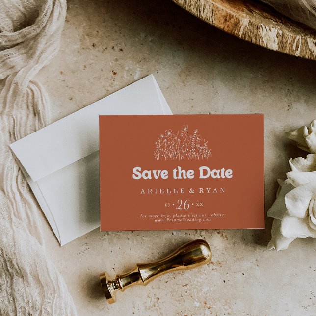 Minimale Terrakotta-Wildblumen-Hochzeitshorizontal Save The Date (Von Creator hochgeladen)