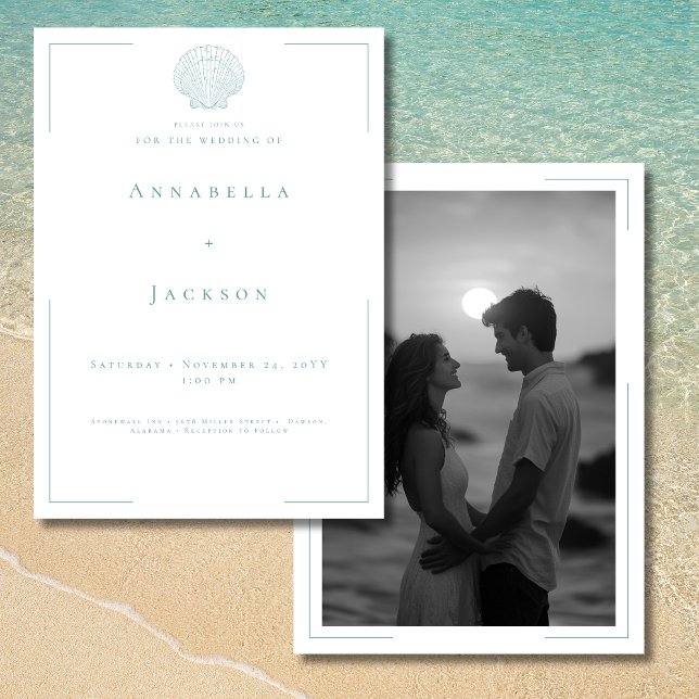 Minimale Typografie Aqua White Muschel Foto Hochze Einladung (Minimal Typography Aqua White Shell Photo Wedding Invitation)