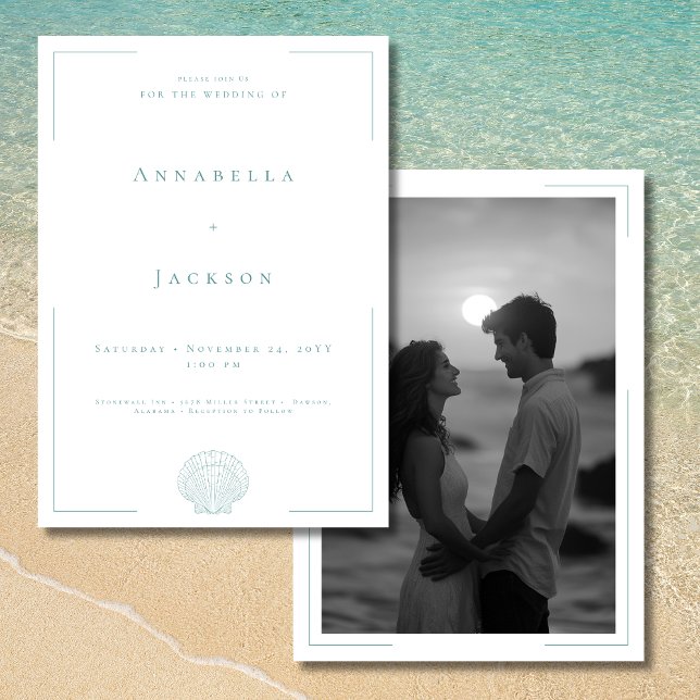 Minimale Typografie Aqua White Muschel Foto Hochze Einladung (Minimal Typography Aqua White Shell Photo Wedding Invitation)