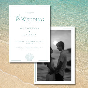 Minimale Typografie Aqua White Muschel Foto Hochze Einladung