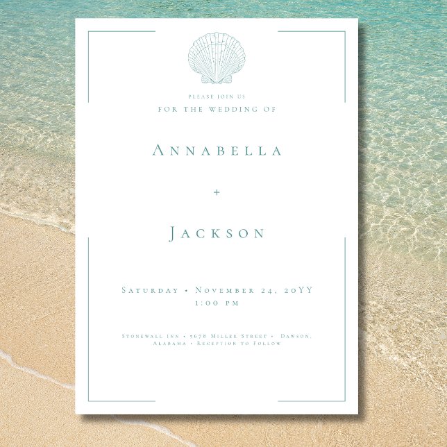 Minimale Typografie Aqua & White Muschel Hochzeit Einladung (Minimal Typography Aqua White Shell Wedding Invitation)