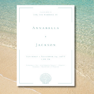 Minimale Typografie Aqua & White Muschel Hochzeit Einladung
