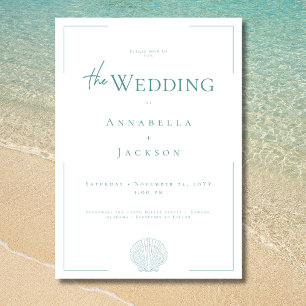 Minimale Typografie Aqua & White Muschel Hochzeit Einladung