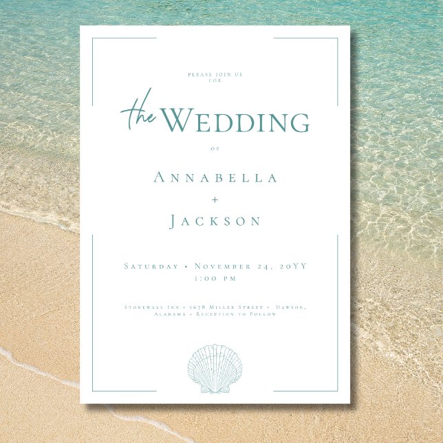 Minimale Typografie Aqua & White Muschel Hochzeit Einladung (Minimal Typography Aqua White Shell Wedding Invitation)
