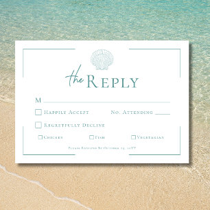 Minimale Typografie Aqua & White Muschel Hochzeit RSVP Karte