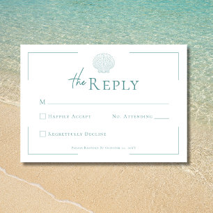 Minimale Typografie Aqua & White Muschel Hochzeit RSVP Karte