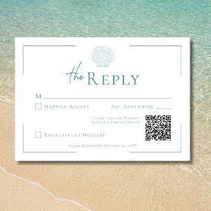 Minimale Typografie Aqua & White Muschel Hochzeit RSVP Karte