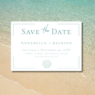 Minimale Typografie Aqua & White Muschel Hochzeit Save The Date