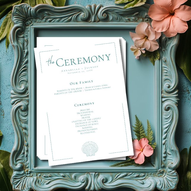 Minimale Typografie Aqua & White Seashell Wedding Programm (Minimal Typography Aqua & White Seashell Wedding Program)