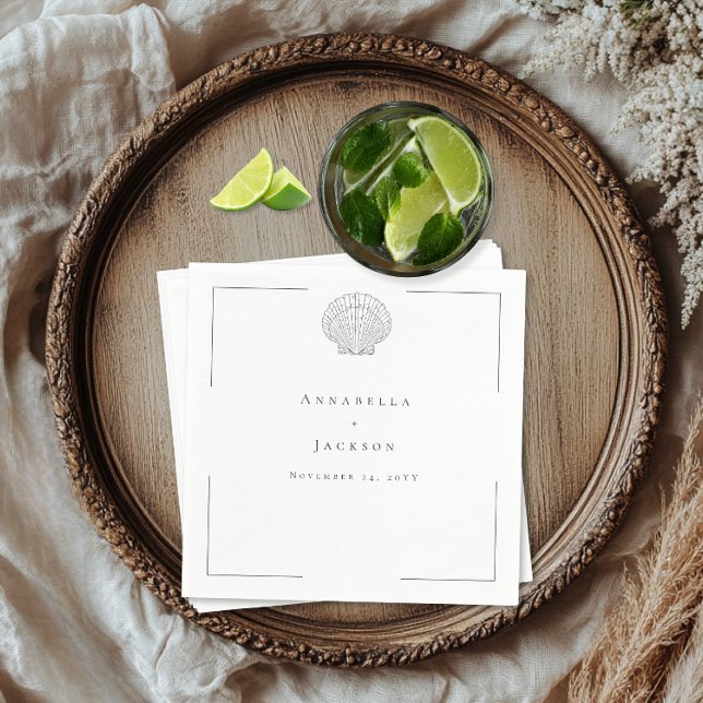Minimale Typografie Black & White Seashell Wedding Serviette (Minimal Typography Black & White Seashell Wedding Cocktail Napkin)
