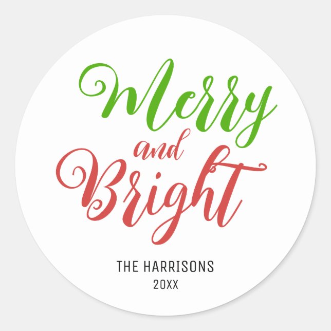 Minimale Typografie Merry & Bright Weihnachten Runder Aufkleber (Vorderseite)