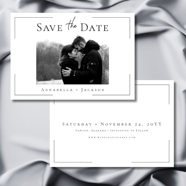 Minimale Typografie Schwarz-Weiß-Foto-Hochzeit Save The Date (Minimal Typography Black & White Photo Wedding Save The Date)