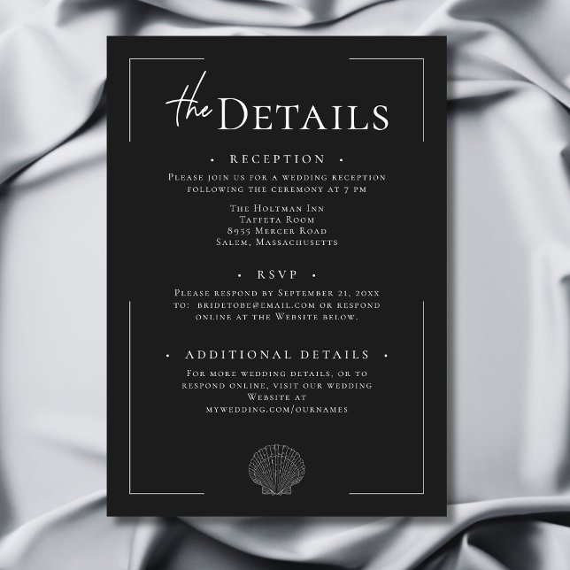 Minimale Typografie Schwarz-Weiß-Muschel Hochzeit Begleitkarte (Minimal Typography Black & White Shell Wedding Enclosure Card)