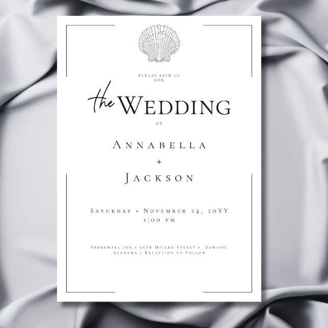 Minimale Typografie Schwarz-Weiß-Muschel Hochzeit Einladung (Minimal Typography Black & White Shell Wedding Invitation)