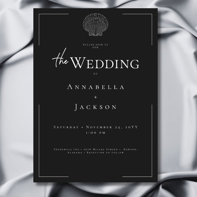Minimale Typografie Schwarz-Weiß-Muschel Hochzeit Einladung (Minimal Typography Black & White Shell Wedding Invitation)