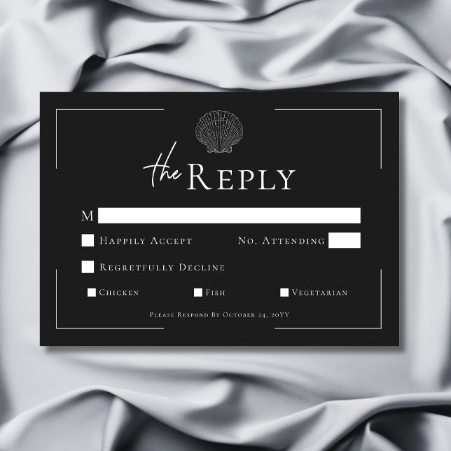 Minimale Typografie Schwarz-Weiß-Muschel Hochzeit RSVP Karte (Minimal Typography Black & White Shell Wedding RSVP Card)