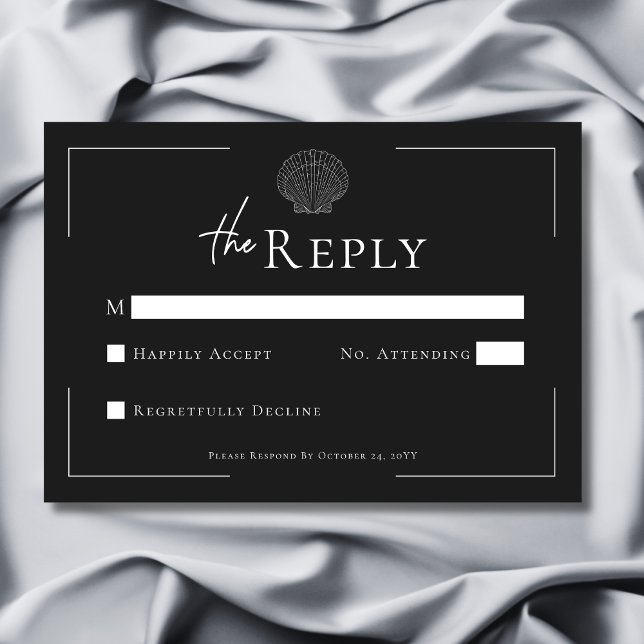 Minimale Typografie Schwarz-Weiß-Muschel Hochzeit RSVP Karte (Minimal Typography Black & White Shell Wedding RSVP Card)