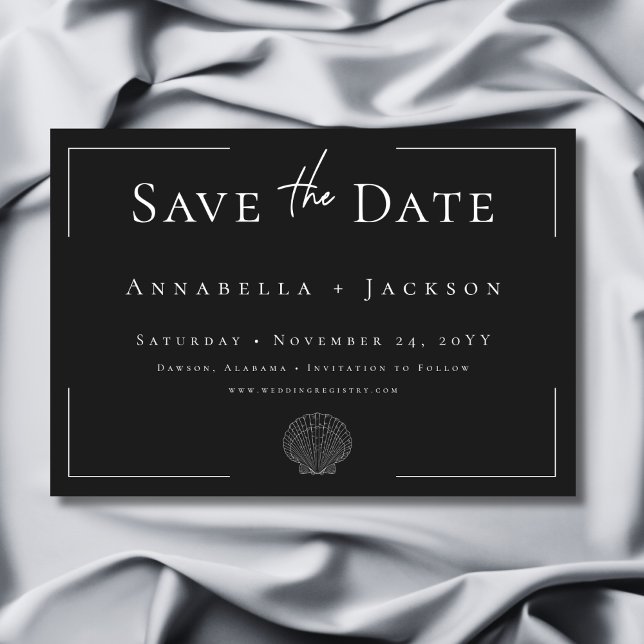 Minimale Typografie Schwarz-Weiß-Muschel Hochzeit Save The Date (Minimal Typography Black & White Shell Wedding Save The Date)