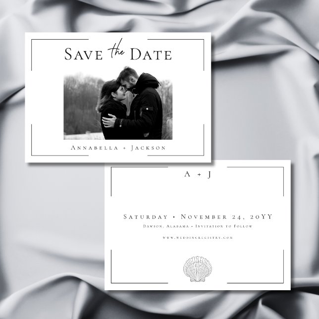 Minimale Typografie Schwarz-weiße Muschel Foto Hoc Save The Date (Minimal Typography Black White Shell Photo Wedding Save The Date)