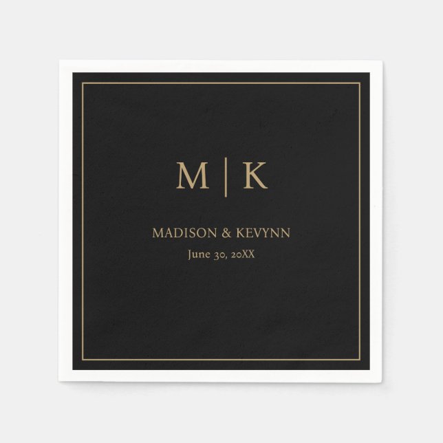 Minimale und elegante Black & Gold Monogram Weddin Serviette (Vorderseite)