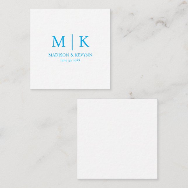 Minimale und elegante blaue Monogramm-Hochzeit Mitteilungskarte (Vorne/Hinten)