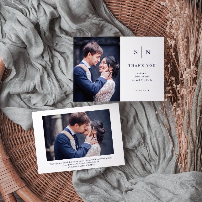 Minimale und schicke Weiß und Marine Zwei-Foto Hoc Dankeskarte (Von Creator hochgeladen)