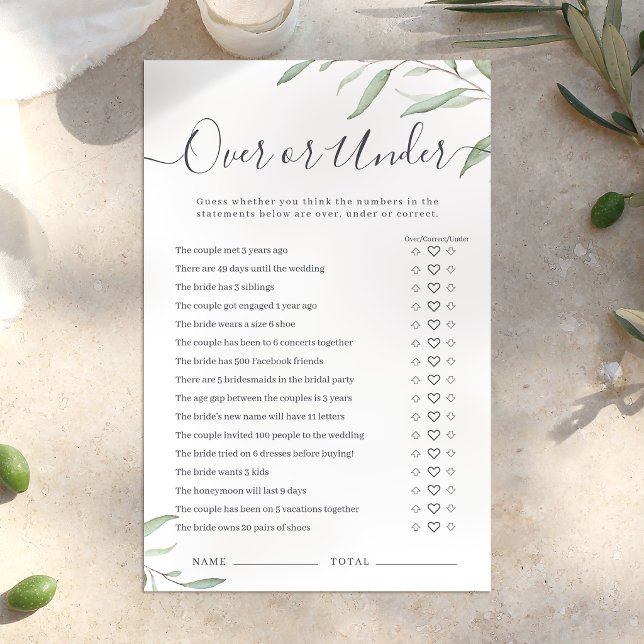 Minimale Vegetation Über oder unter Brautparty (Minimal greenery Over or Under bridal shower game)