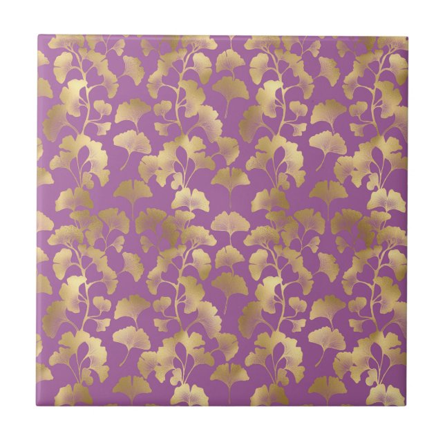 Minimale violette Ginkgoblatt-Gold-Muster Fliese (Vorderseite)