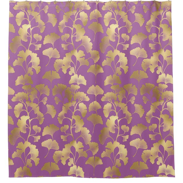 Minimale violette Gold-Ginkgoblatt-Muster Duschvorhang (Vorderseite)