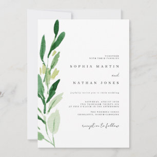 Minimale Wasserfarben-Hochzeit mit grünen Blättern Einladung