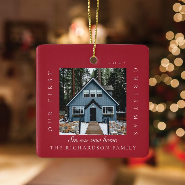 Minimale Weihnachten in unserem neuen Zuhause 2 Fo Keramikornament (Minimal First Christmas In Our New Home 2 Photo Ceramic Ornament)