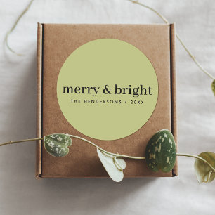 Minimale Weihnachten Merry and Bright Olive Gree Runder Aufkleber