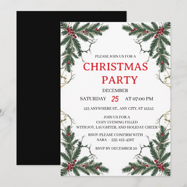 Minimale Weihnachtsgrün-Party-Einladung Einladung (Vorne/Hinten)