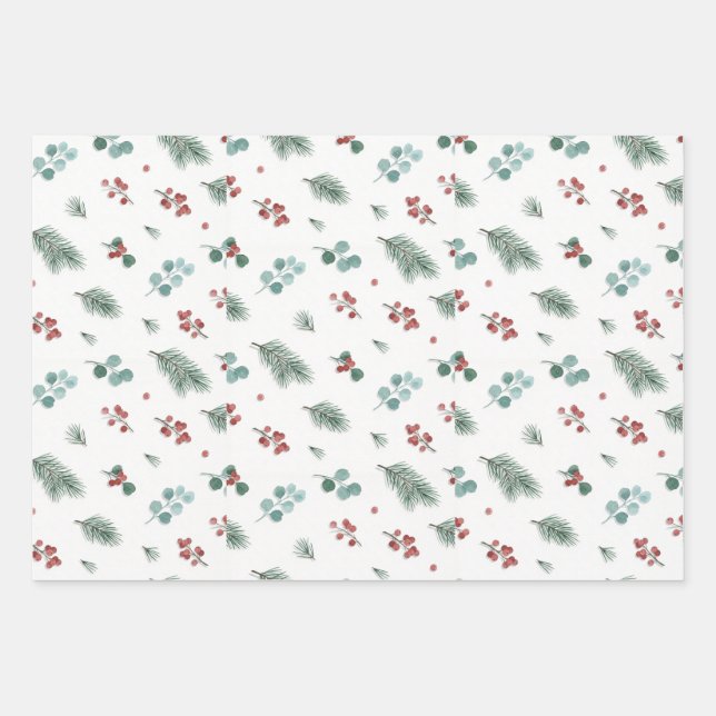 Minimale Weihnachtspattern, Kiefer & Beeren  Geschenkpapier Set (Vorderseite)
