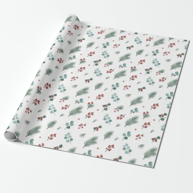 Minimale Weihnachtspattern, Kiefern & Beeren  Geschenkpapier (Ungerollt)
