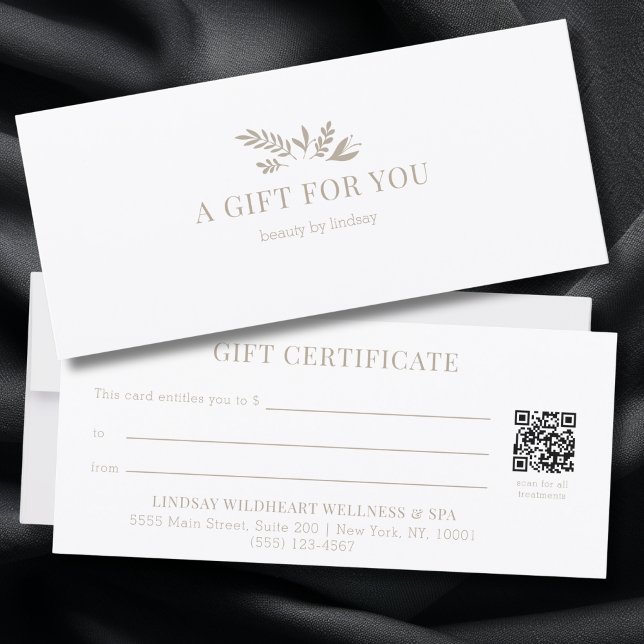 Minimale weiße botanische QR-Code-Geschenkgutschei (Minimal White Botanical Salon QR Code Business Gift Certificates)