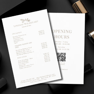 Minimale weiße botanische Salon-QR-Code-Preisliste Flyer