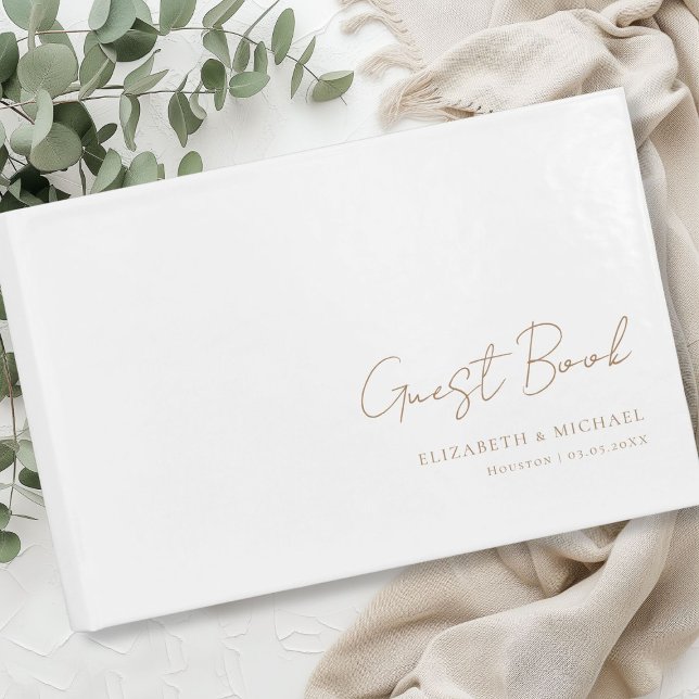 Minimale, weiße Schreibschrift Gästebuch (Minimal, White and brown Handwriting Script Wedding Guest Book)