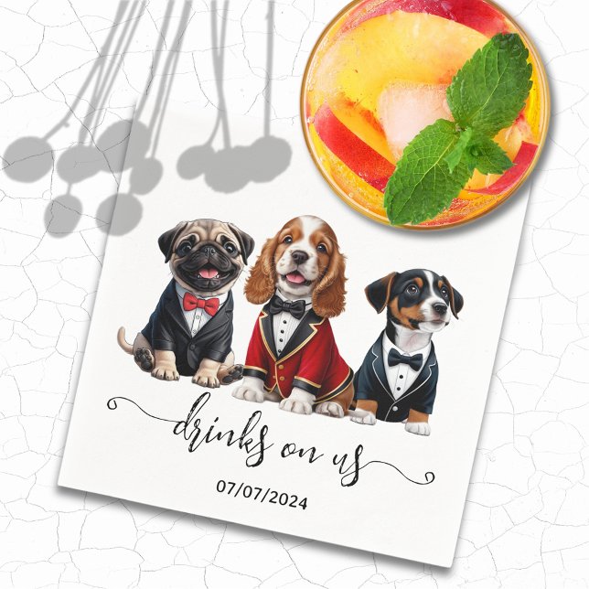Minimale Welpen Trio Drinks auf der Hochzeit von u Serviette (Minimal Puppies Trio Drinks On Us Dog Wedding Napkins)