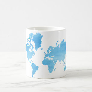 Minimale Weltkarte in Blau Wasserfarben Kunst Kaffeetasse