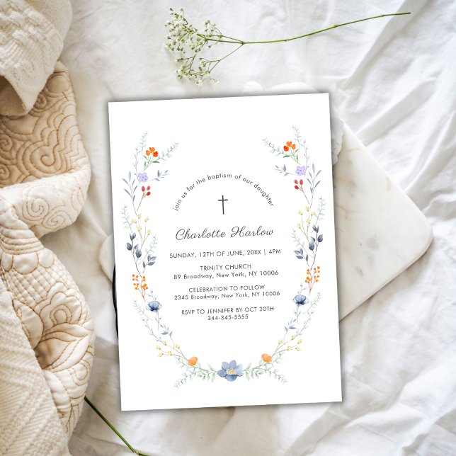 Minimale Wildblume Blumenkreuz Taufe Einladung (Minimal Wildflower Floral Wreath Cross Baptism Invitation)