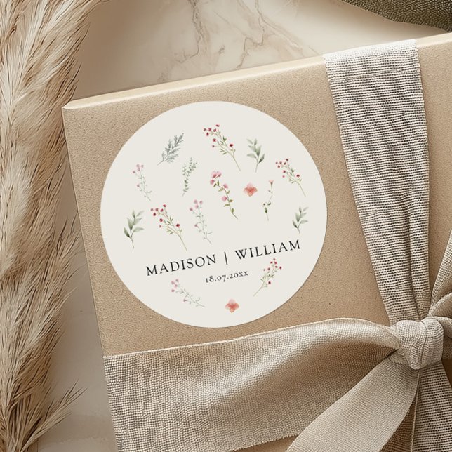 Minimale Wildblume Boho Beige Blumenhochzeit Runder Aufkleber (Von Creator hochgeladen)