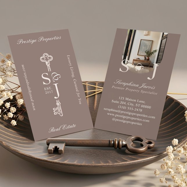 Minimalelegantes Schlüsselmonogramm Stylischer Bog Visitenkarte (Minimal Elegant Key Monogram Stylish Arch Photo Business Card)