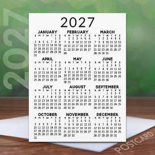 Minimaler 2027-Kalender - Jahresübersicht Schwarz Postkarte