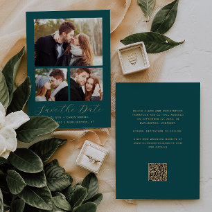 Minimaler 3-Foto Collage Aquamarin Blue Gold QR Co Save The Date